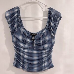 Just Polly Women's Blue/White Ruched Cap Sleeve Underwire Bust Crop Top Blouse